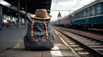 Backpack and hat at the train station with a traveler. Travel concept, with copy space