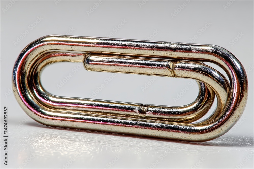 Poster Metal paperclip placed on a white surface with a focus on its unique design and smooth finish, highlighting its functionality and simplicity