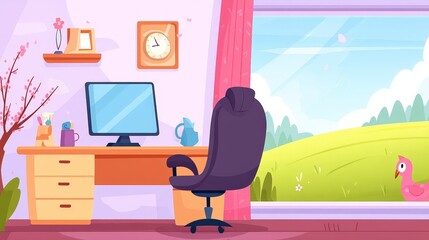 Fototapeta premium Cozy Home Office Workspace with Computer and Scenic Nature View Outside the Window