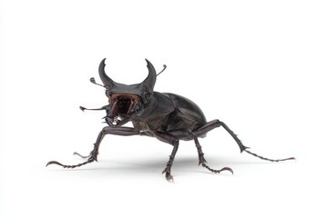 Fototapeta premium Close-up of a stag beetle, showcasing its impressive mandibles and dark exoskeleton against a white background.