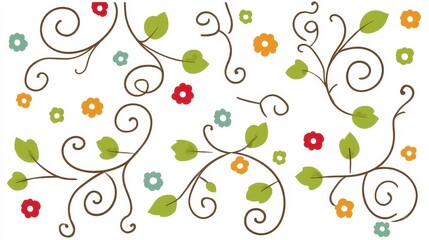 Fototapeta premium Decorative Floral Patterns with Vines, Leaves, and Colorful Flowers on White Background