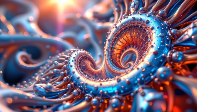 abstract fractal, iridescent geometry, flowing lines, lightwave render, peach sunlight, depth of field, high detail, pristine lighting, organic forms, puter generated.