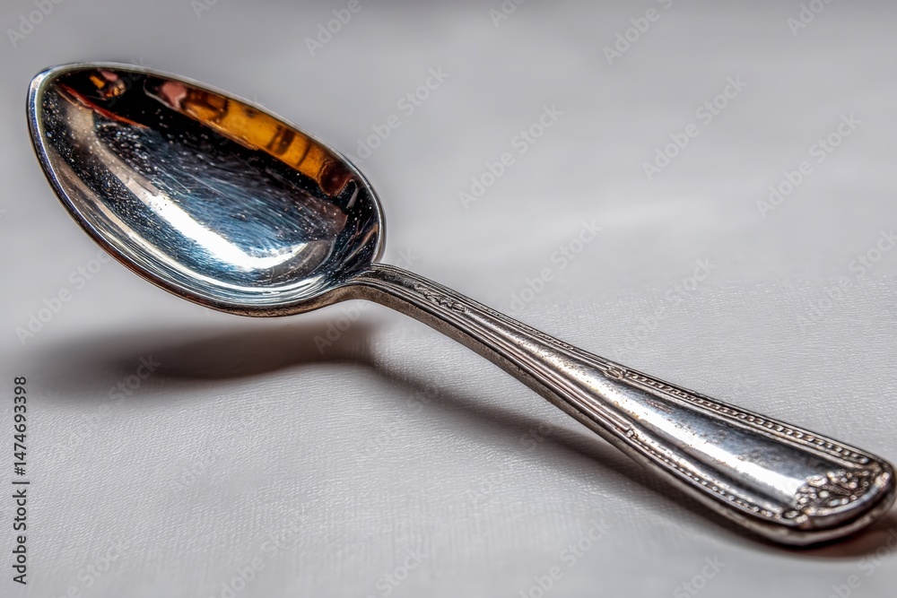 Poster detailed close-up of a vintage silver spoon resting on a textured surface showcasing intricate desig