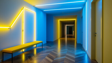 Hallway featuring artistic neon lighting, a mustard bench, and parquet flooring, combining modern design with functional style.

