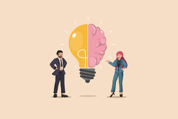 Creative Collaboration a Man and Woman Presenting a Combined Idea Represented by a Half Light Bulb and Half Human Brain Symbolizing Innovation and Imagination.