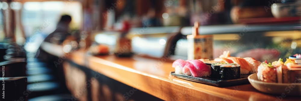 Poster sushi bar counter filled with colorful sushi rolls and blurred background showing a relaxed atmosphe