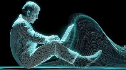 technology style whit net glowing wave,glowing line glow wave,glow line , black mature businessman working on laptop