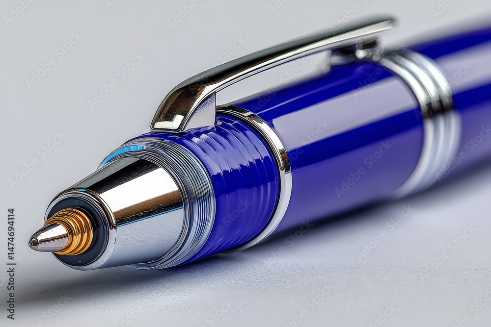 Poster close-up of a sleek blue pen with metallic accents resting on a smooth surface