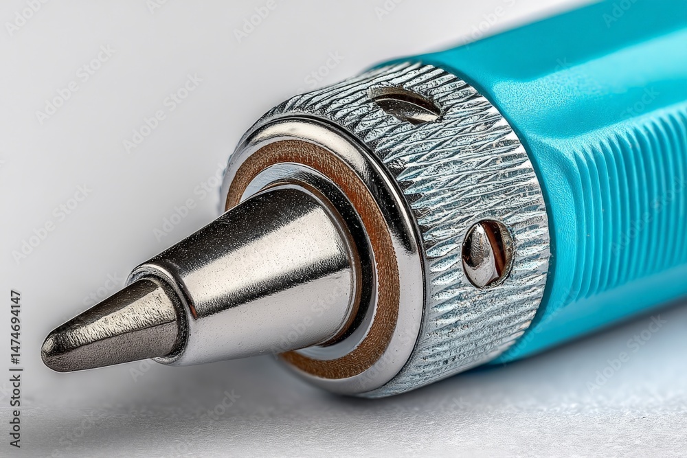 Poster close-up shot of a sleek metallic-tipped turquoise pen highlighting its design and precision feature