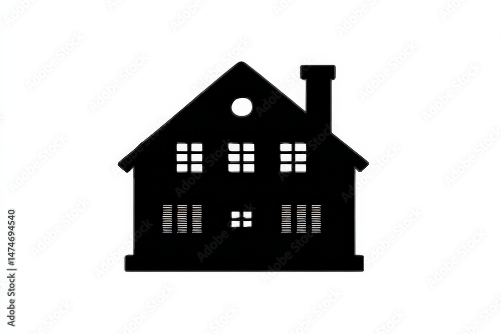 Poster silhouette of a simple house design in black against a light background showcasing windows and a chi