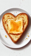Heart-shaped toast with butter and honey drizzle served on a simple white plate in a cozy kitchen setting