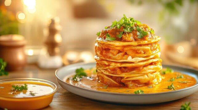 Flaky homemade parotta stacked on plate with curry, garnished with coriander, rustic Indian table setting