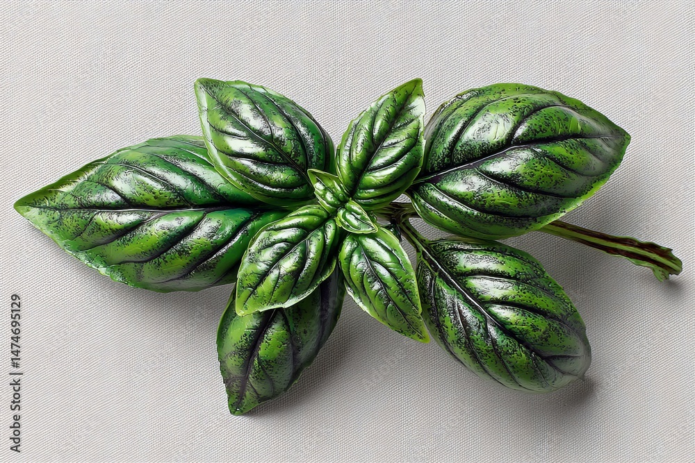 Poster realistic green basil leaves displayed on a light fabric background highlighting the intricate detai