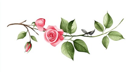 Beautiful Watercolor Pink Rose Flower with Buds and Green Leaves for Floral Design Projects