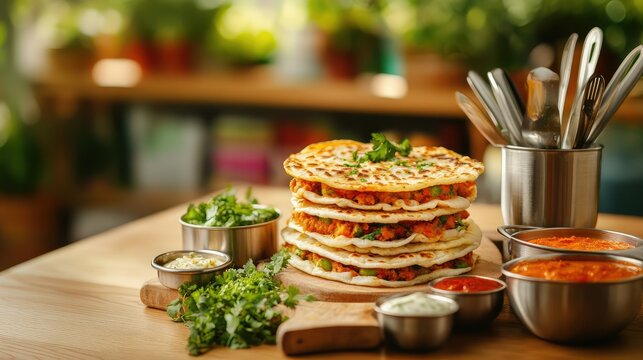 Flat lay of layered parotta with masala dips and stainless steel utensils on wooden surface