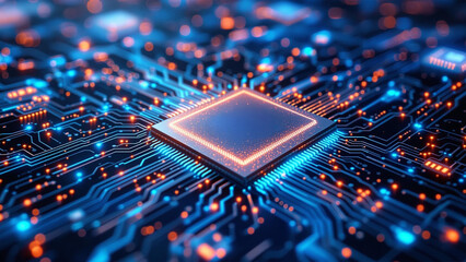 Glowing Microchip on Futuristic Circuit Board Advanced Semiconductor Technology Concept