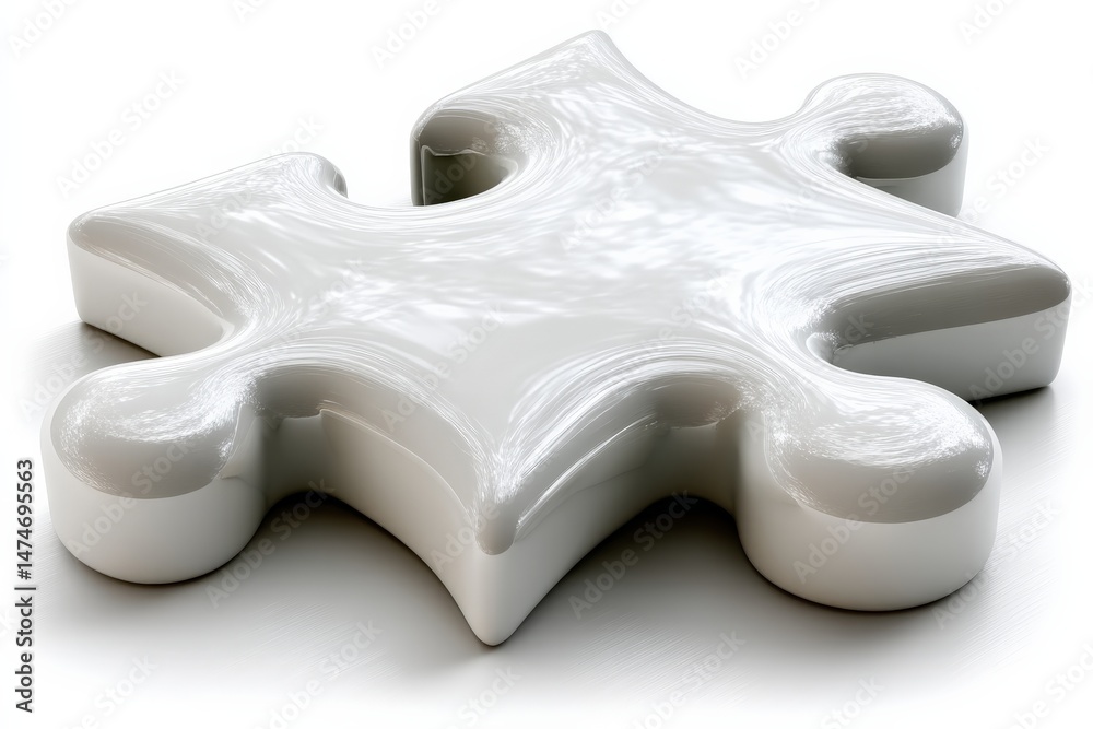 Poster Unique white puzzle piece shaped object placed on a reflective surface creating a minimalist design effect