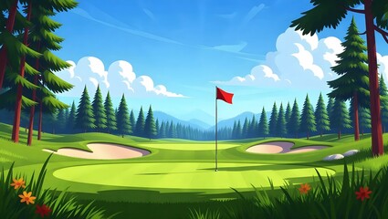 Colorful Golf Course with Lush Forest Background