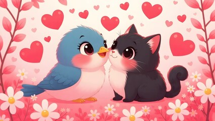 Obraz premium Cute bird and cat in love, surrounded by hearts and flowers.