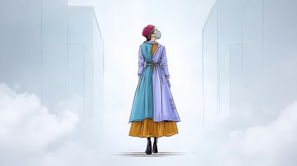 Fototapeta premium Woman in Colorful Dress and Mask Walking Through a Foggy Urban Environment