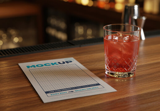 Drink or Food Menu Flyer Mockup on Bar with Cocktail