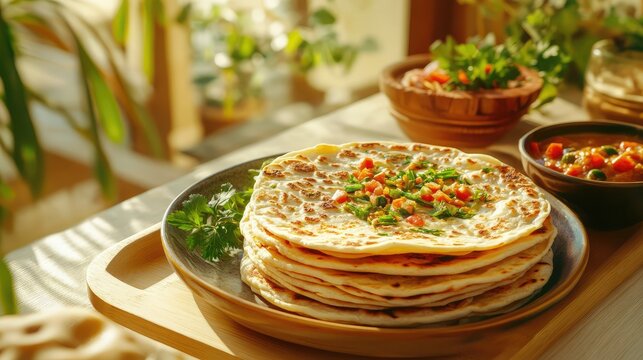 Homemade parotta bread folded and stacked, served with dal and vegetables in cozy kitchen setup