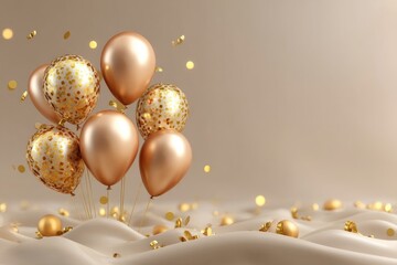 Elegant celebration background with gold confetti and metallic balloons