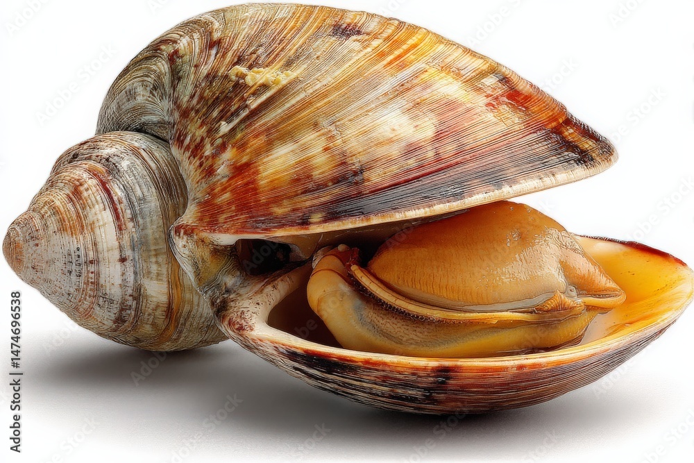 Poster colorful seashell revealing a clam resting inside on a white surface