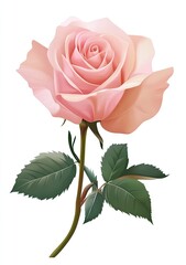 A single, delicate, light pink rose with lush petals and a long stem.  Soft, realistic illustration of a flower
