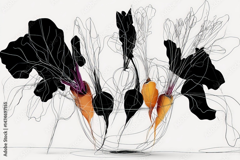 Aufkleber Abstract depiction of beetroots and leafy greens with intricate line art design in a minimalistic style