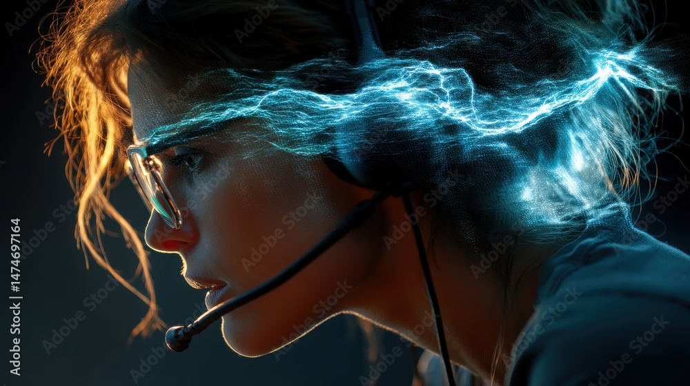 Poster technology style whit net glowing wave,glowing line glow wave,glow line , call center operator with headphones.stock image