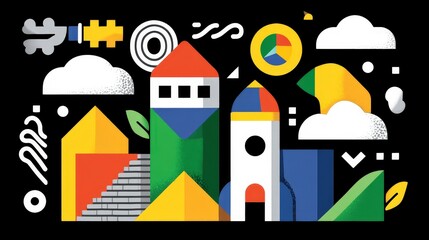 Obraz premium Abstract Colorful Illustration of Geometric Buildings Surrounded by Vibrant Shapes and Patterns