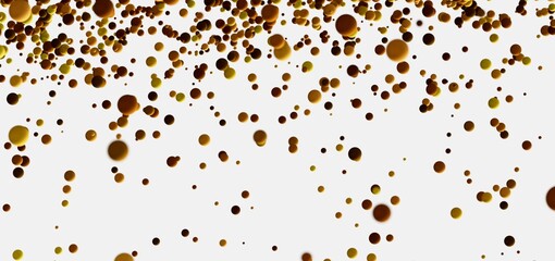 Falling gold and brown spheres on white background. Abstract, modern, and elegant.