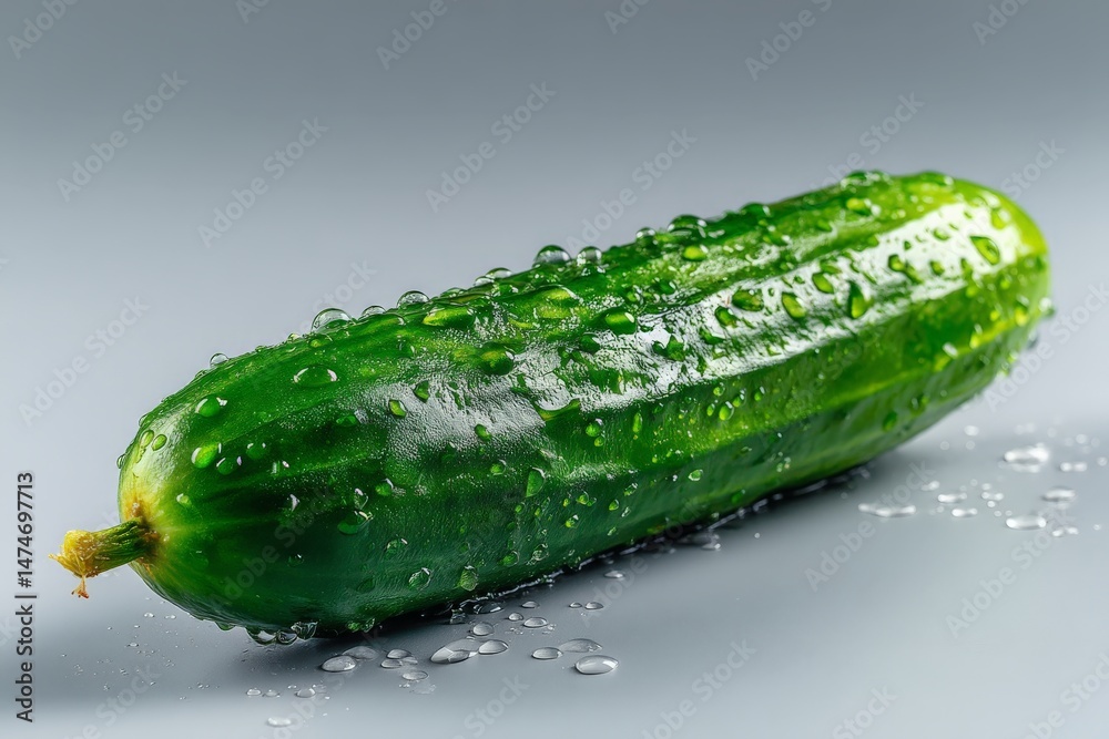 Poster Freshly washed cucumber with water droplets on a gray background, showcasing appetizing texture and color