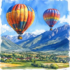 Naklejka premium Two hot air balloons soaring over a breathtaking valley surrounded by lush greenery and blue sky