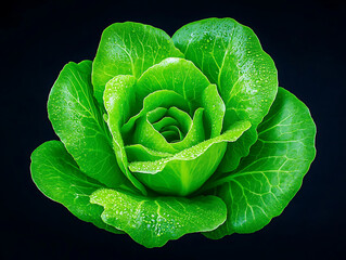 Fototapeta premium Fresh Green Lettuce With Droplets Resting on Its Vibrant Leaves Against a Dark Background Highlighting Its Texture and Color