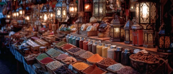 An enchanting spice market abuzz with vibrant colors, exotic aromas, and ornate lanterns casting a magical glow over jars of spices and herbs.