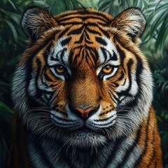 Fototapeta premium Striking tiger camouflaged in a dense jungle setting with lush green foliage and natural beauty