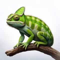 Obraz premium Vibrant green chameleon portrait perched on a branch against a soft backdrop