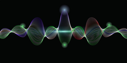 An abstract digital illustration featuring a colorful sound wave-like pattern against a black background. The design has a sense of energy and movement, making it suitable for a variety of application