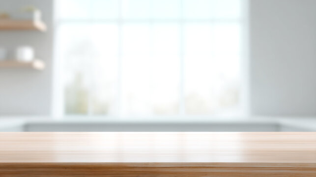 A bright, minimalist kitchen scene with a polished wooden countertop, perfect for showcasing products