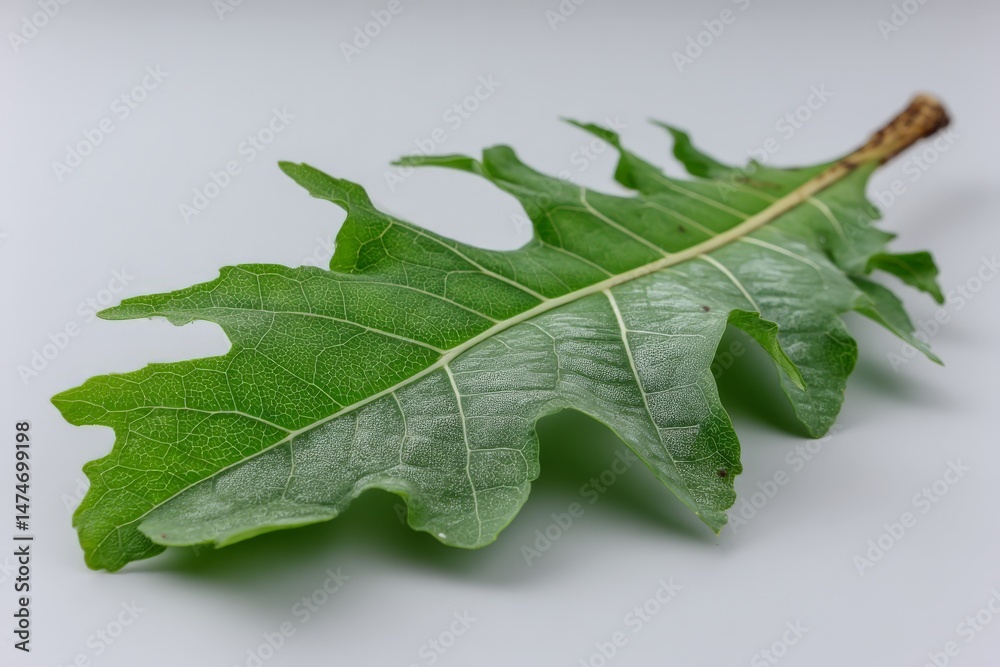 Poster large green oak leaf resting on a smooth surface highlighting its intricate veins and textures