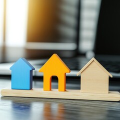A modern laptop placed next to a charming small house representing technology and home together