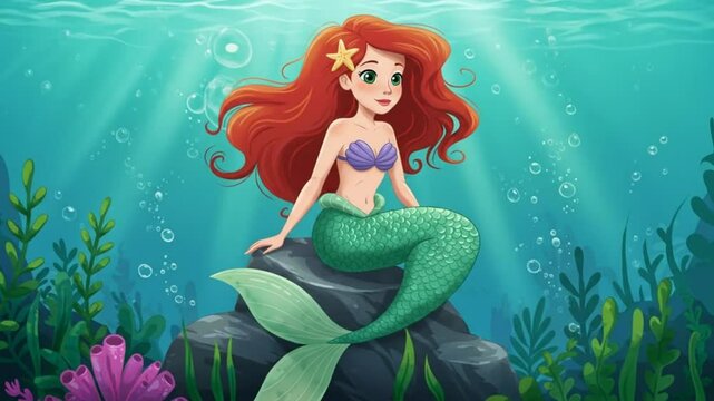 Red-Haired Mermaid on Rock, Cartoon Illustration