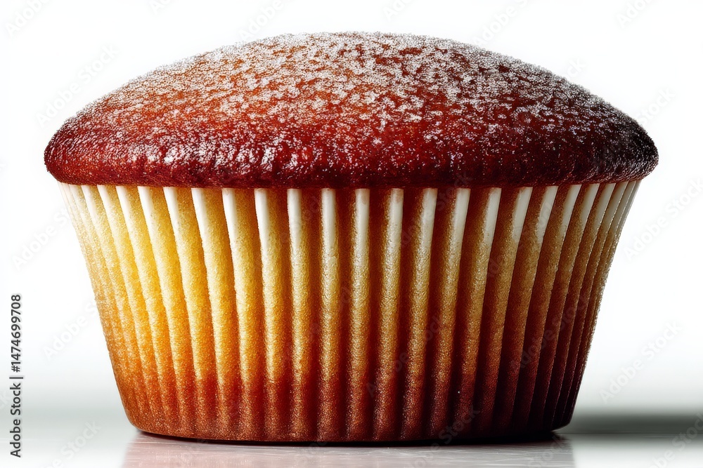 Poster delicious cupcake with a golden brown base and powdered sugar topping captured in a minimalist style