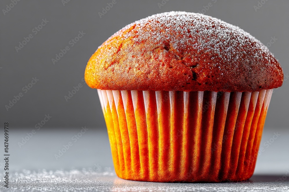 Poster delicious orange cupcake with powdered sugar on top against a gray background during a baking sessio