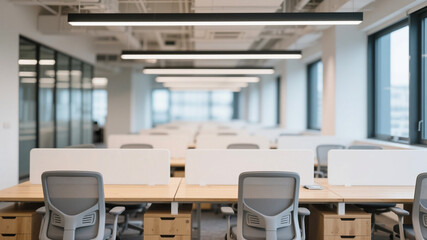 Bright, modern open plan office with minimalist wooden desks arranged in rows, creating a clean, organized, and functional workspace.

