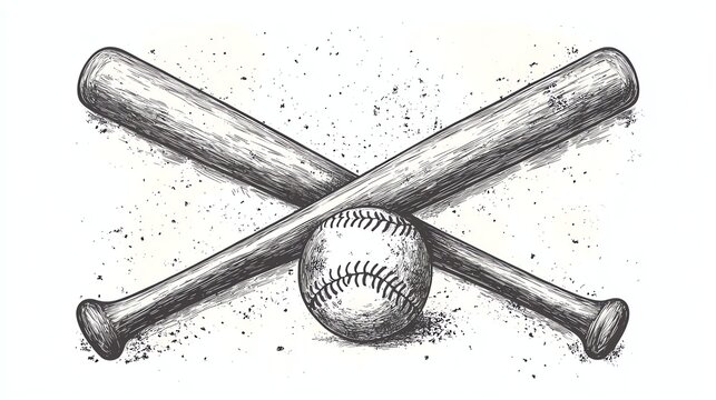 Vintage baseball graphic.  Crossed bats and ball.  Hand-drawn style.