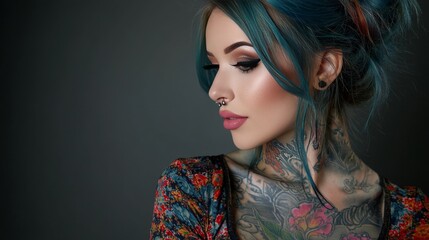 Fototapeta premium beautiful woman with tattoos and piercings, dyed hair and perfect makeup, cute outfit