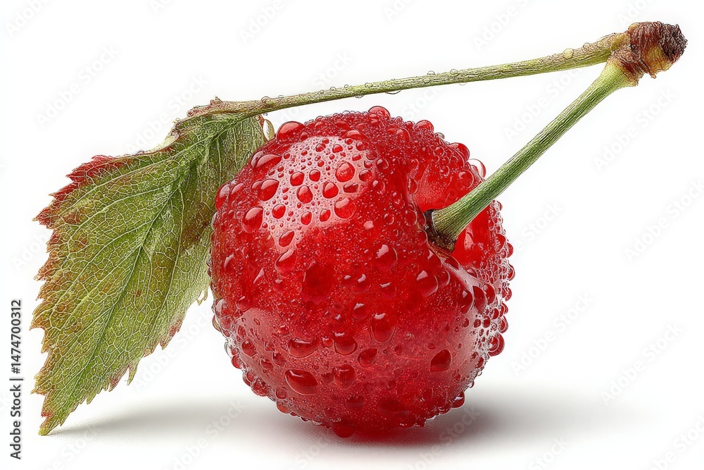 Aufkleber Fresh red cherry with water droplets resting on a white background and green leaf